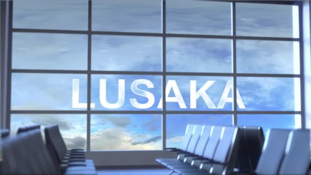 Commercial airplane landing at Lusaka international airport. Travelling to Zambia conceptual intro animation
