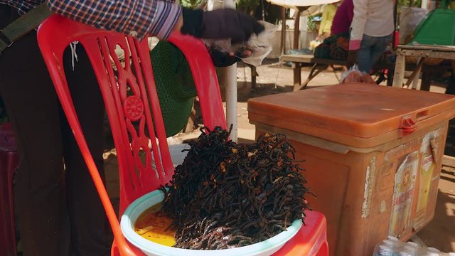 Street vendor stacking deep fried tarantulas on a plastic bowl ready for sale ( close up )