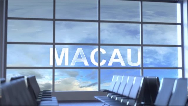 Commercial airplane landing at Macau international airport. Travelling to China conceptual intro animation