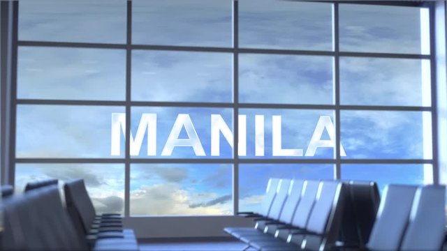 Commercial airplane landing at Manila international airport. Travelling to Philippines conceptual intro animation