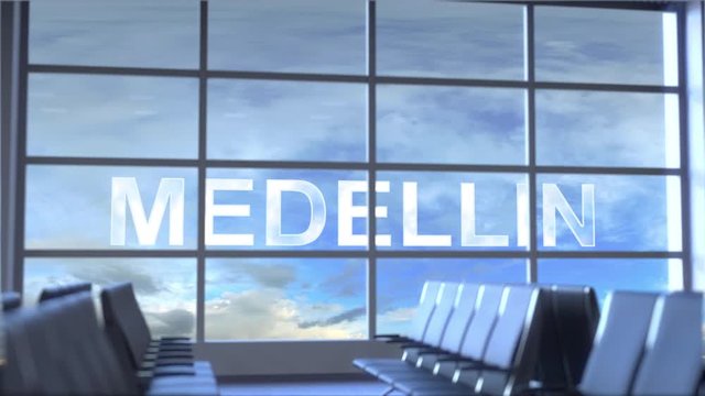Commercial airplane landing at Medellin international airport. Travelling to Colombia conceptual intro animation