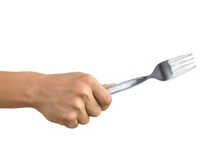 hand holding fork  isolated on white background