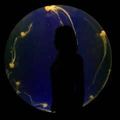 Silhouette of girl stayd front of aquarium with jellyfish