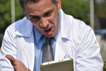 Startled Male Hispanic Doctor Using Tablet