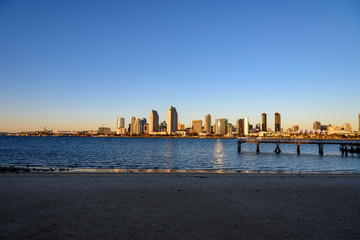 San Diego Skyline with the Coronado Ferry Landing Pier at Sunset Time