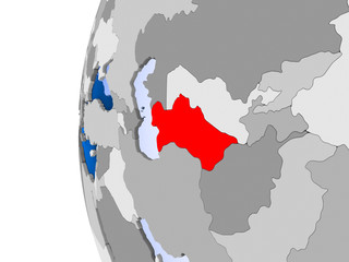 Map of Turkmenistan on political globe