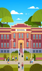Schoolchildren Going To School Building Exterior With Group Of Pupils Students Flat Vector Illustration