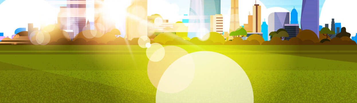 Beautiful Sunshine Over City View, Sunlight Skyscrapers Buildings Cityscape Concept Flat Vector Illustration
