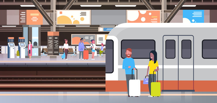 Railway Station With People Passengers Going Off Train Holding Bags  Transport And Transportation Concept Vector Illustration Stock Vector |  Adobe Stock