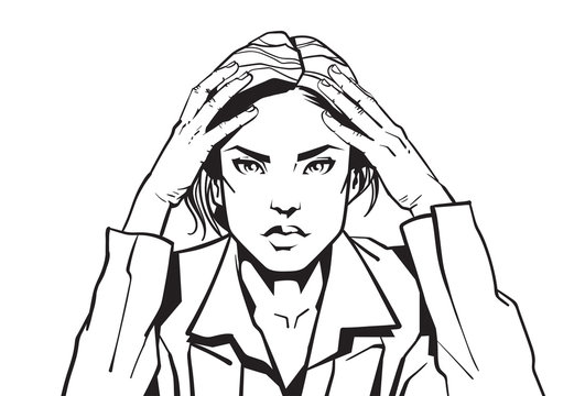 Portrait Of Angry Business Woman Holding Head With Headacke Sketch Businesswoman Tired Or Upset Vector Illustration