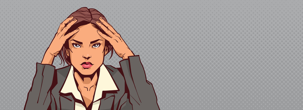 Portrait Of Sad Business Woman Holding Head Businesswoman Stressed Horizontal Banner With Copy Space Vector Illustration