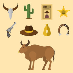 Fototapeta premium Wild western vector cowboy icons rodeo equipment and many different western Wild west accessories illustration