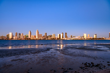 San Diego Skyline with beach at Magic Hour