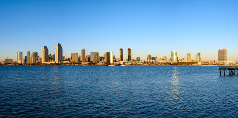 Fototapeta na wymiar Wide angle image of San Diego Skyline with the Coronado Ferry Landing Pier