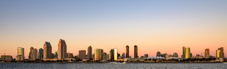 Wide angle image of San Diego Skyline at Sunset