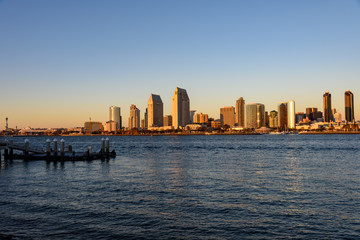 San Diego Skyline with the Coronado Ferry Landing Pier at Sunset time