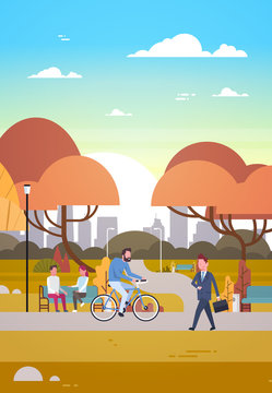 People Relaxing In Beautiful Autumn Urban Park Walking Riding Bicycle And Communicating Flat Vector Illustration