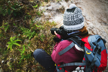 Photographer asian women Traveling photograph Nature. travel relax in the holiday walk in the forest. travel relax in the holiday.  Thailand