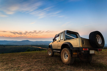 A gold off road all terrain vehicle on a green pasture in the mountains