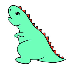 Little Blue Dinosaur Tyrannosaurus is a cartoon character with red spiked plates. Lovely funny. Hand drawn vector illustration. Isolated on white background
