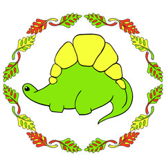 A small green dinosaur stegosaurus is a cartoon character with yellow spiked plates. Lovely funny. surrounded by a frame of palm leaves. Hand drawn vector illustration. Isolated on white background
