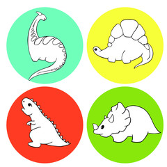 A set of four linear illustrations for coloring Little dinosaurs stegosaurus, tyrannosaurus, triceratops, godorascar cartoon character. Lovely funny. Hand-Drawn Vector