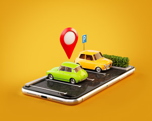 Unusual 3d illustration os smartphone application for online searching free parking place on the map. Parking and car sharing concept - obrazy, fototapety, plakaty