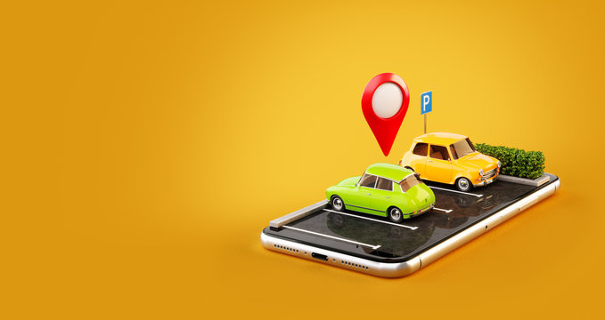 Unusual 3d illustration os smartphone application for online searching free parking place on the map. Parking and car sharing concept