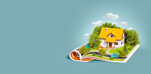 White house of dream with white fence, garden and trees on opened pages of magazine.