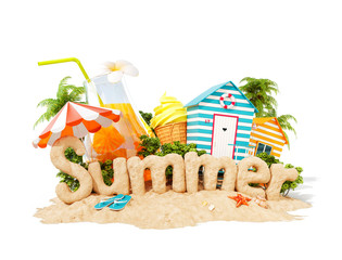 The word Summer made of sand on tropical island. Unusual 3d illustration of summer vacation. Travel and vacation concept.