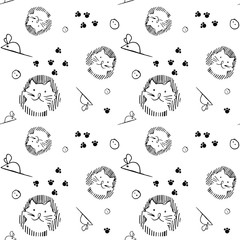 Seamless pattern with cats, mouses paws and buttons. Vector illustration on white background