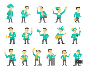 Set of sixteen different character design. Speaker politician and many others. Flat color vector illustration stock clipart.