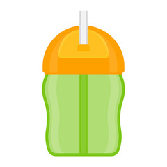 Baby sippy cup with straw, isolated on white background. Vector illustration of toddler feeding equipment. Baby care supplies