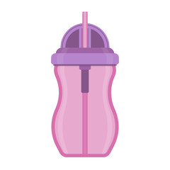 Baby sippy cup with straw, isolated on white background. Vector illustration of toddler feeding equipment. Baby care supplies