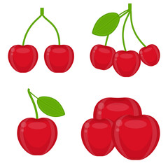 Vector illustration of cherry with leaf isolated on white background. Red shiny berries in flat style.