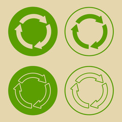 Vector illustration of green recycle symbol. Set of recycling sign, on paper, in flat style.