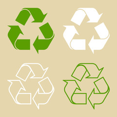 Fototapeta premium Vector illustration of green recycle symbol. Set of recycling sign, on paper, in flat style.