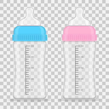 Vector illustration of baby bottles with milk, blue and pink color, isolated on transparent background.