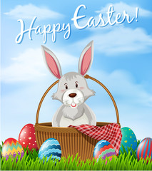 Happy Easter card template with bunny and eggs