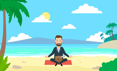 businessman sitting and meditating in yoga pose on the tropical beach