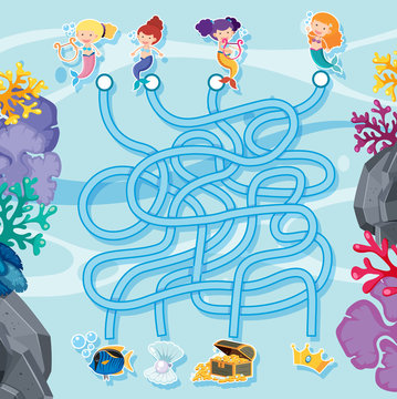 Maze game template with mermaids under the sea