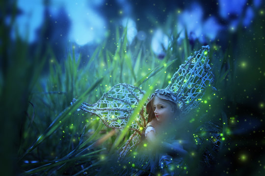 image of magical little fairy sitting in the night forest.
