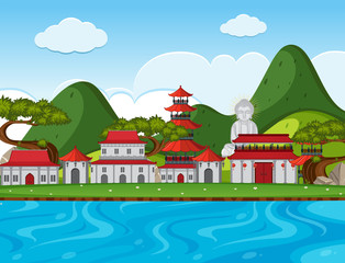 Naklejka premium City scene with chinese buildings along the river