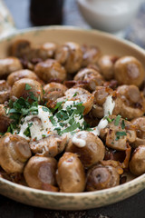 Close-up of fried champignon and chanterelle mushrooms topped with sour cream and fresh chopped parsley, selective focus