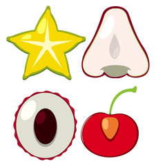 Four types of fruits cut in half