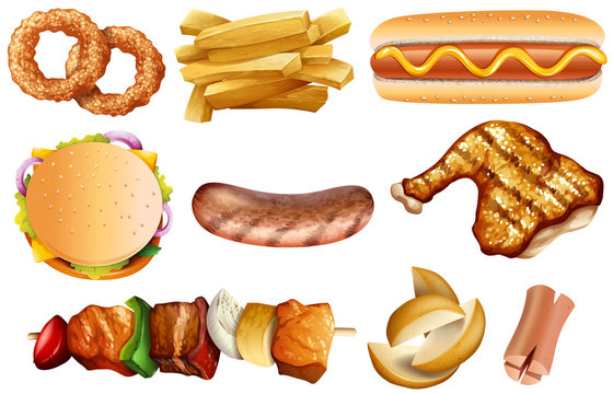 Different types of food on white background