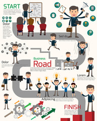 business roadmap with workstation infographics. business people show activities on roadmap. cartoon vector illustration. Leadership, partner and teamwork.