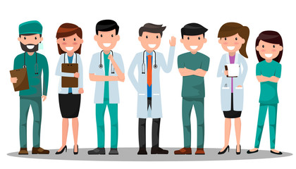 Fototapeta premium Doctor and nurse medical set in various pose for advertising or presentation. Health care concept vector illustration. Healthcare Providers.
