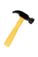 Yellow plastic toy hammer, kid workshop game tool. Isolated on white background