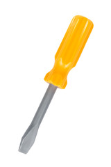 Yellow plastic toy screwdriver, kid workshop game tool. Isolated on white background